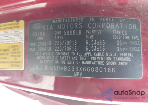 2006 Kia Sedona Ex/Lx from USA, damaged, VIN KNDMB233X66080166